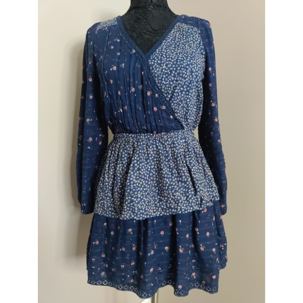 American Eagle Blue Patchwork Floral Ruffled Cottage Longsleeve Dress Size S